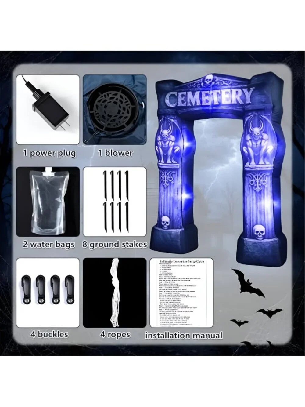 9 Ft Halloween Inflatable Cemetery Archway Decor with Built-in LED Lights